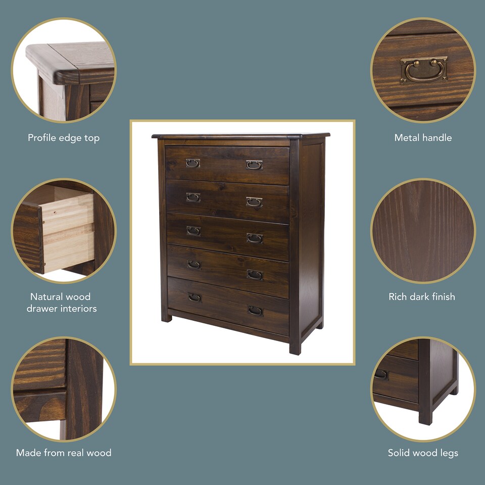 image 1 of Boston 5 Drawer Chest - Rich Dark Brown Lacquer Solid Wood Bedroom Storage with Brass Handles | Brown | Brown | 1