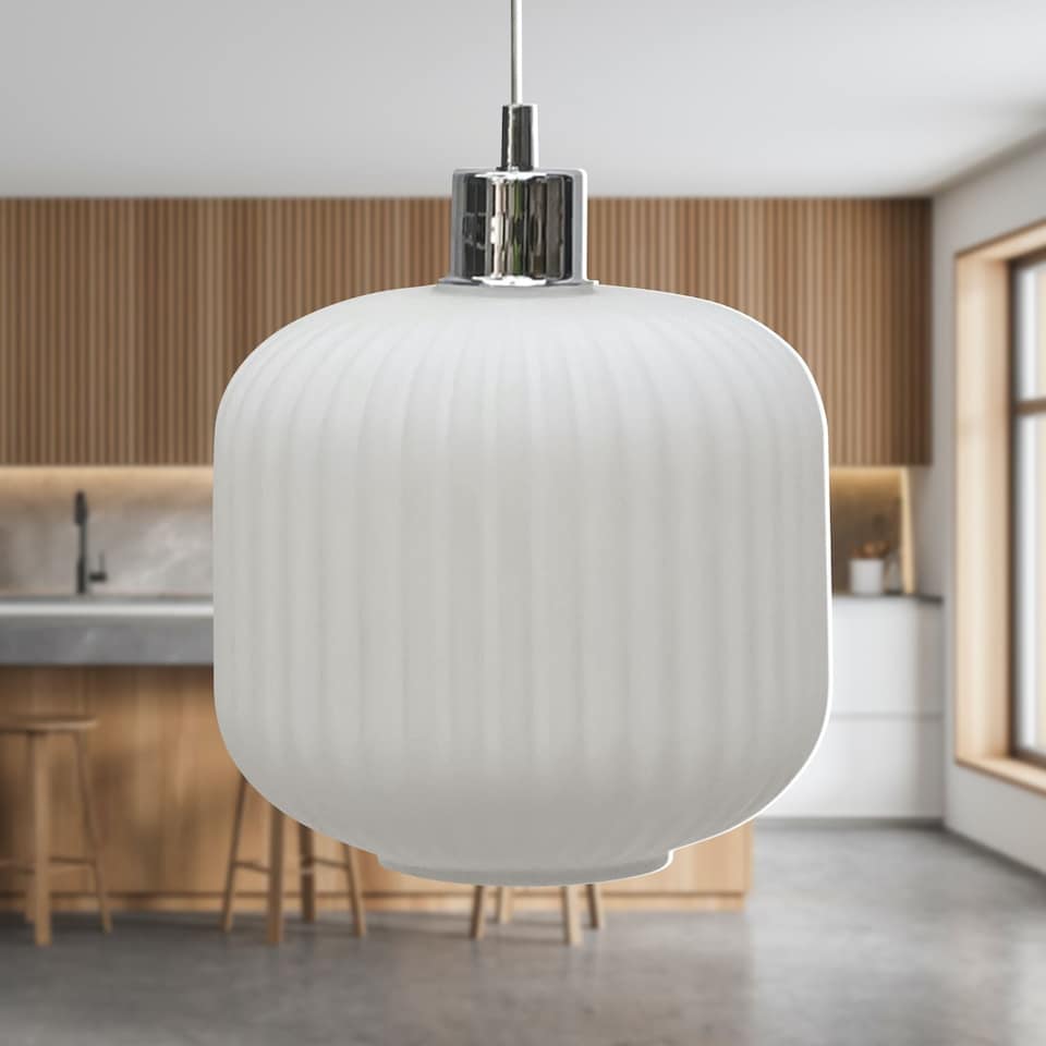 image 1 of Set of 2 Bento - White Ribbed Glass with Chrome Pendant Fittings | Chrome | White | 2