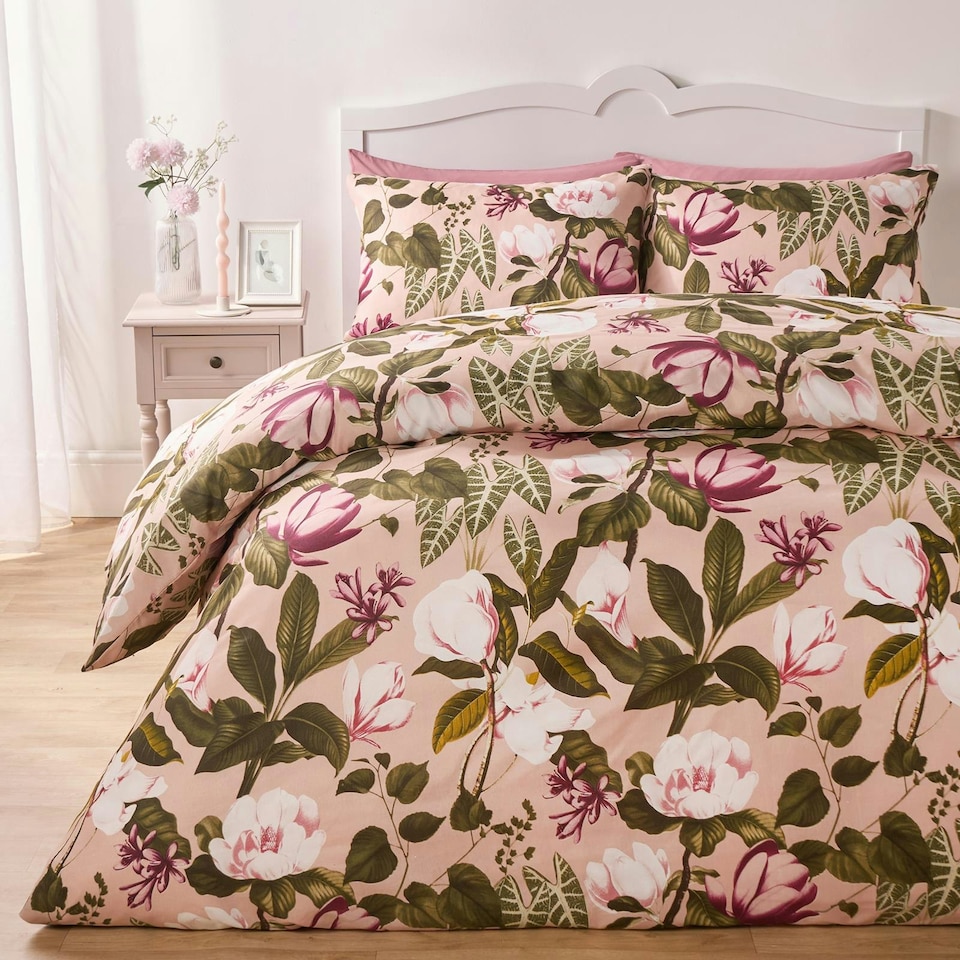 image 1 of OHS Floral Print Reversible Duvet Cover and Pillowcase Bedding Set, Super King - Blush Pink | Pink | Blush Pink | Super King