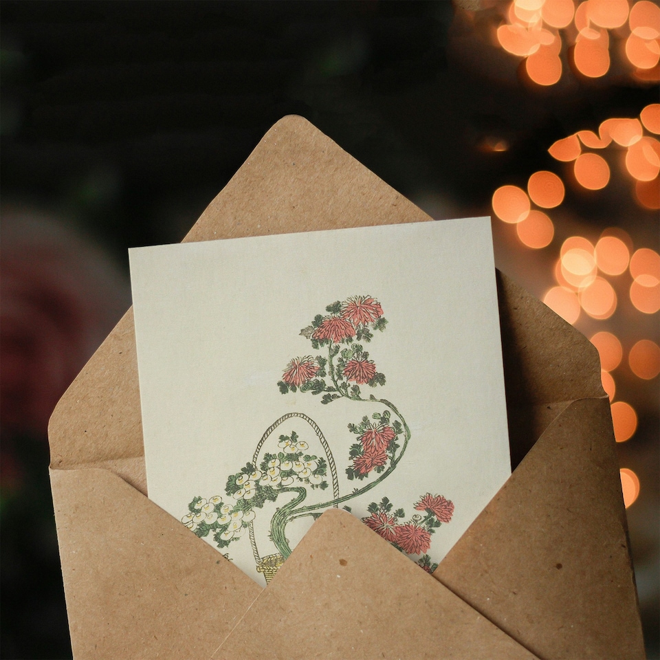 image 1 of Utamaro Kitagawa Art Card Chrysanthemum Ikebana Bouquet