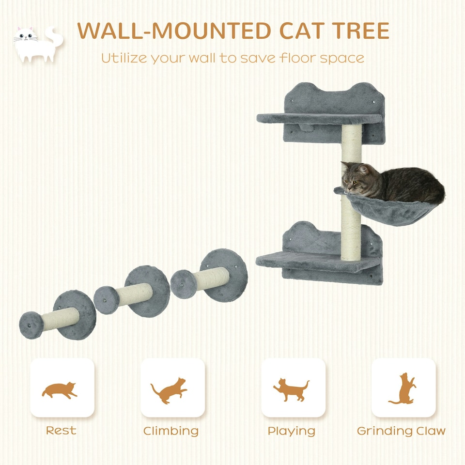 image 1 of PawHut 4pc Cat Shelves Cat Wall Furniture with Steps Scratching Post Grey