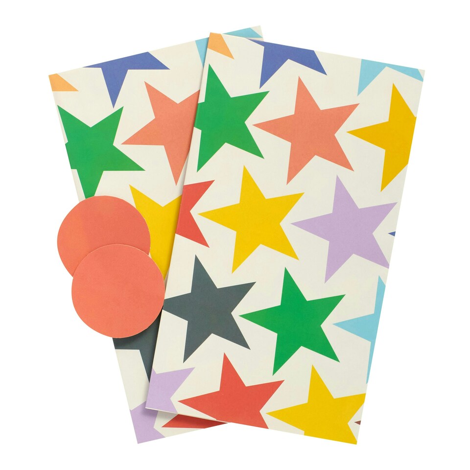 image 1 of Multipack of 6 Sheets of Wrapping Paper & 6 Tags | Birthdays | For Him/Her | Retro Stars Design White