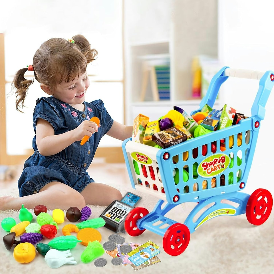 image 1 of Shopping Cart Trolley Play Set for Children – Includes 78 Grocery Food, Fruit, and Vegetable Accessories (Blue)