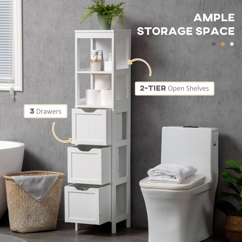 image 1 of HOMCOM Slim Bathroom Storage unit with 3 Drawers and 2 Open Shelves, White