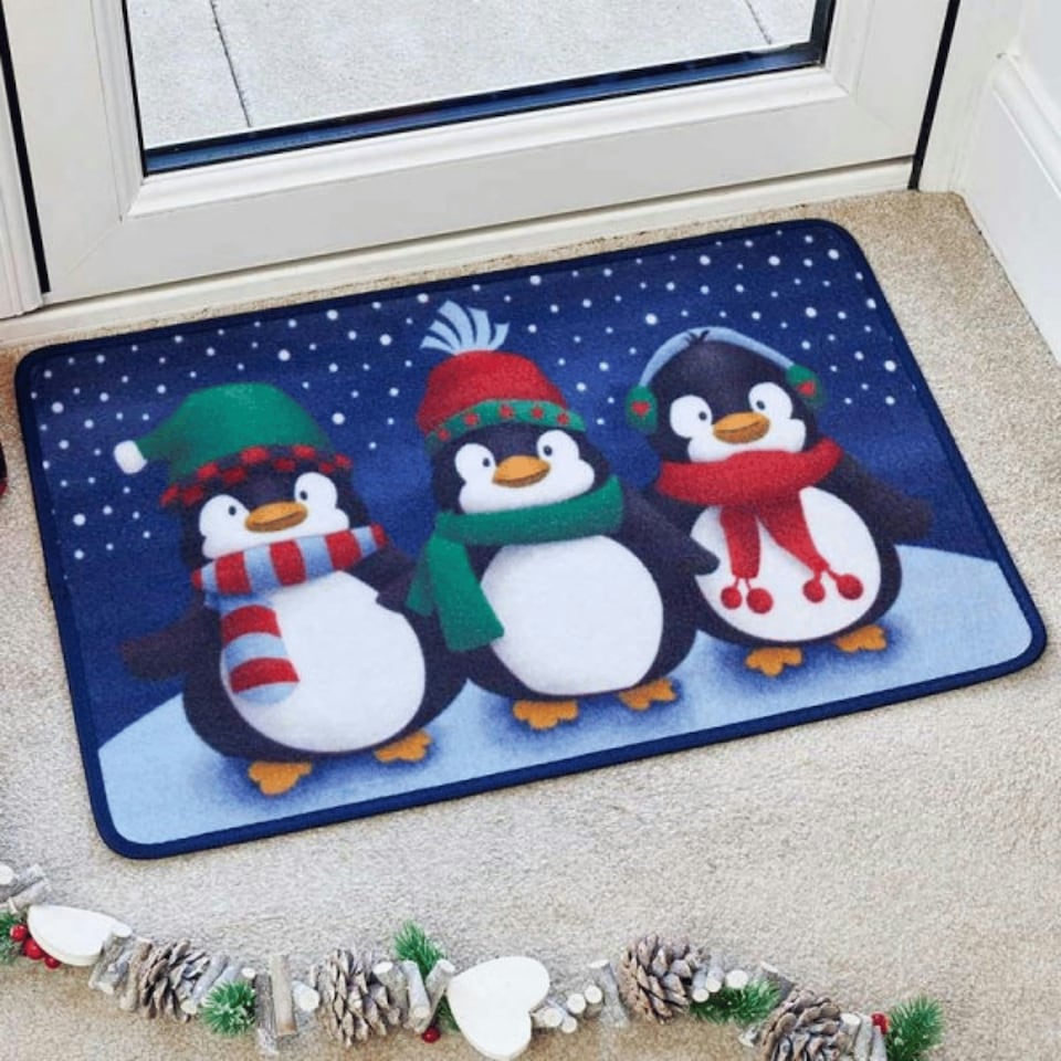 image 1 of 60cm x 40cm Frosty Penguins Fabric Christmas Doormat