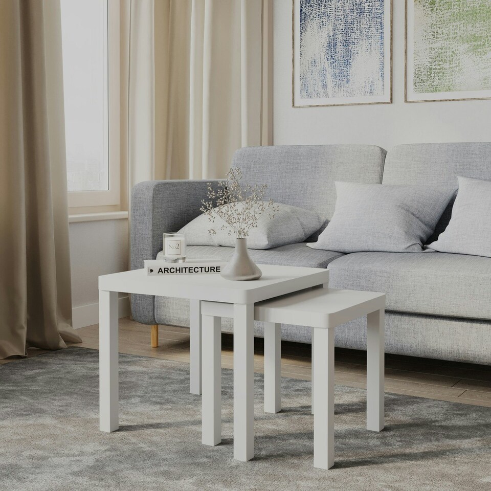 image 1 of Set of 2 Square Wooden Nesting Coffee Side Tables White | 0