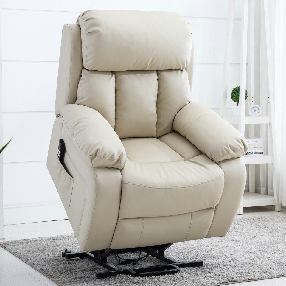 image 1 of Chester Dual Motor Rise Recliner Heat and Massage Bonded Leather Chair (Cream)
