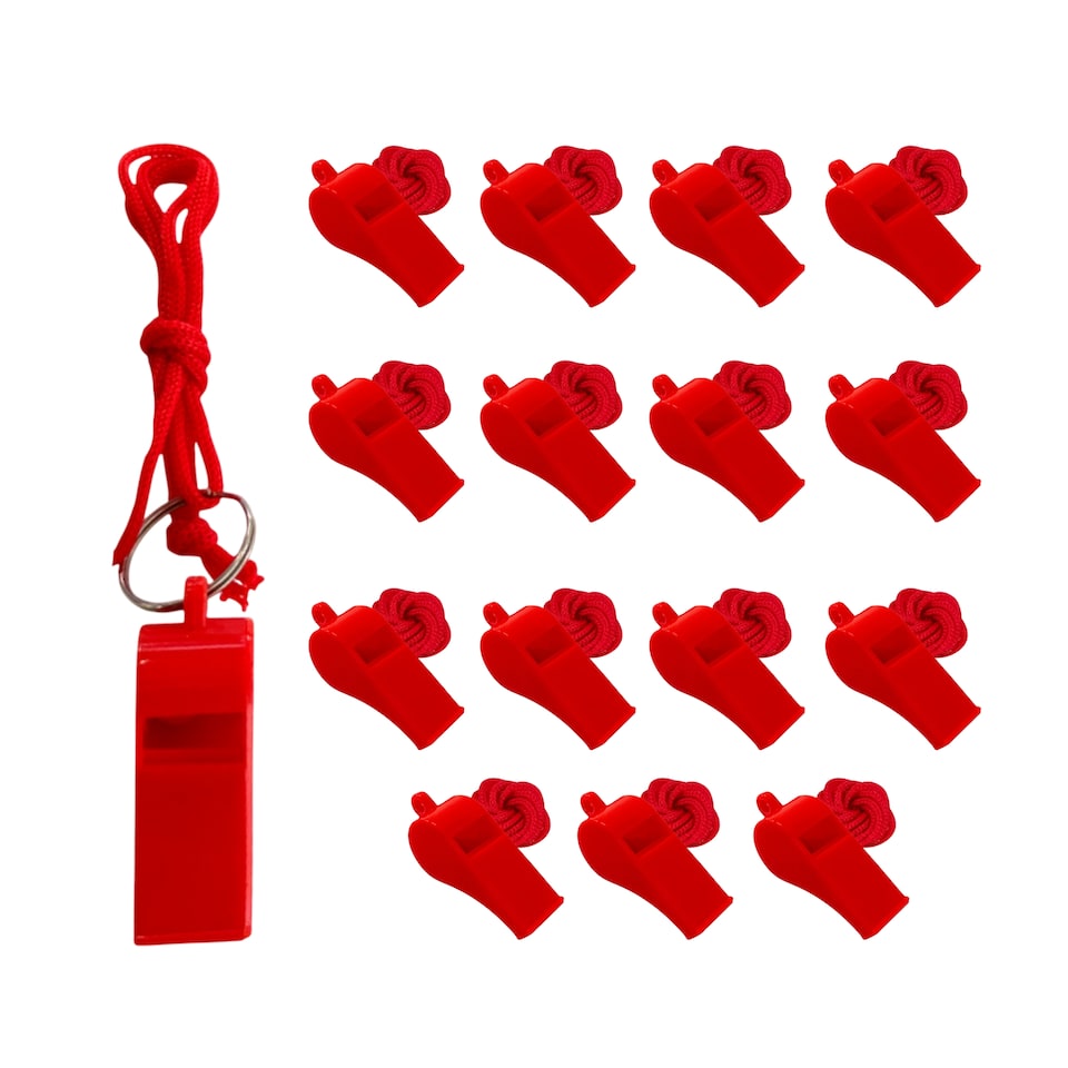 Bag of 10 Red Plastic Whistles with Lanyard Neck Cord