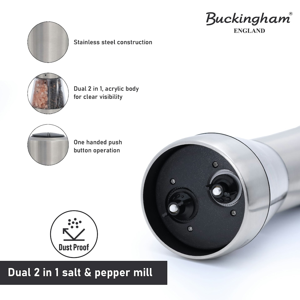 image 1 of Buckingham Stainless Steel Electric Dual 2 in 1 Salt & Pepper Mill