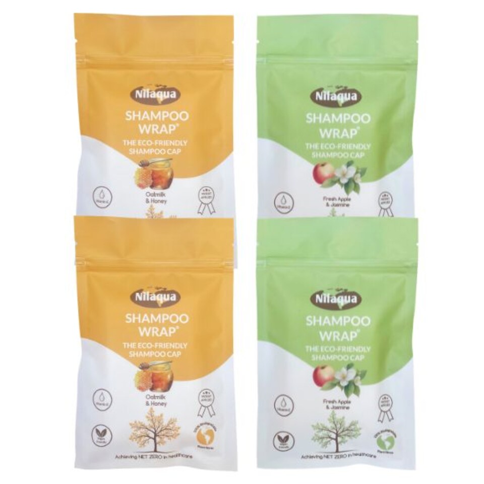 image 1 of Nilaqua No Rinse Shampoo Wrap the World's First Biodegradable Shampoo Cap Biodegradable Bamboo Waterless Hair Wash for Elderly Pleasant Fragrance Fresh Apple & Jasmine + Oatmilk & Honey 2pack