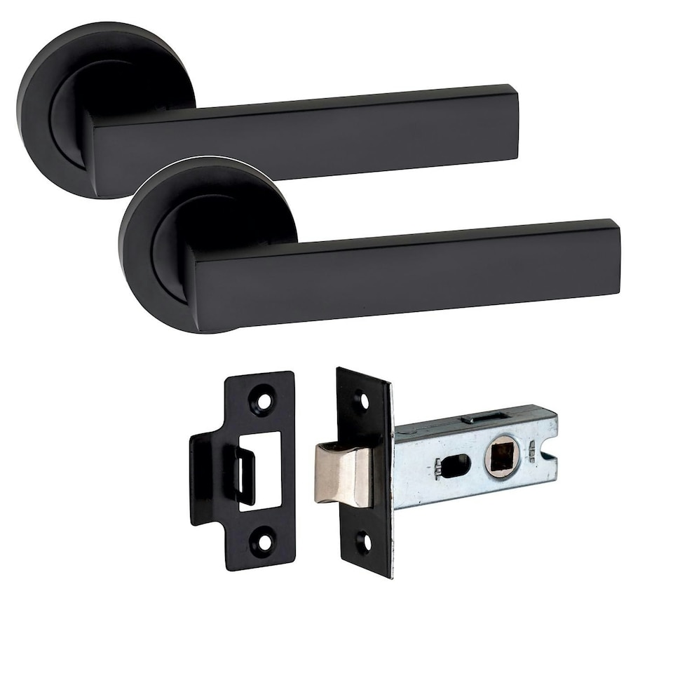 image 1 of Golden Grace 4 Pairs Delta Design Door Handles on Round Rose in Matt Black Finish with 2.5" Tubular Latch - 52mm Diameter | Black | 4 Pairs