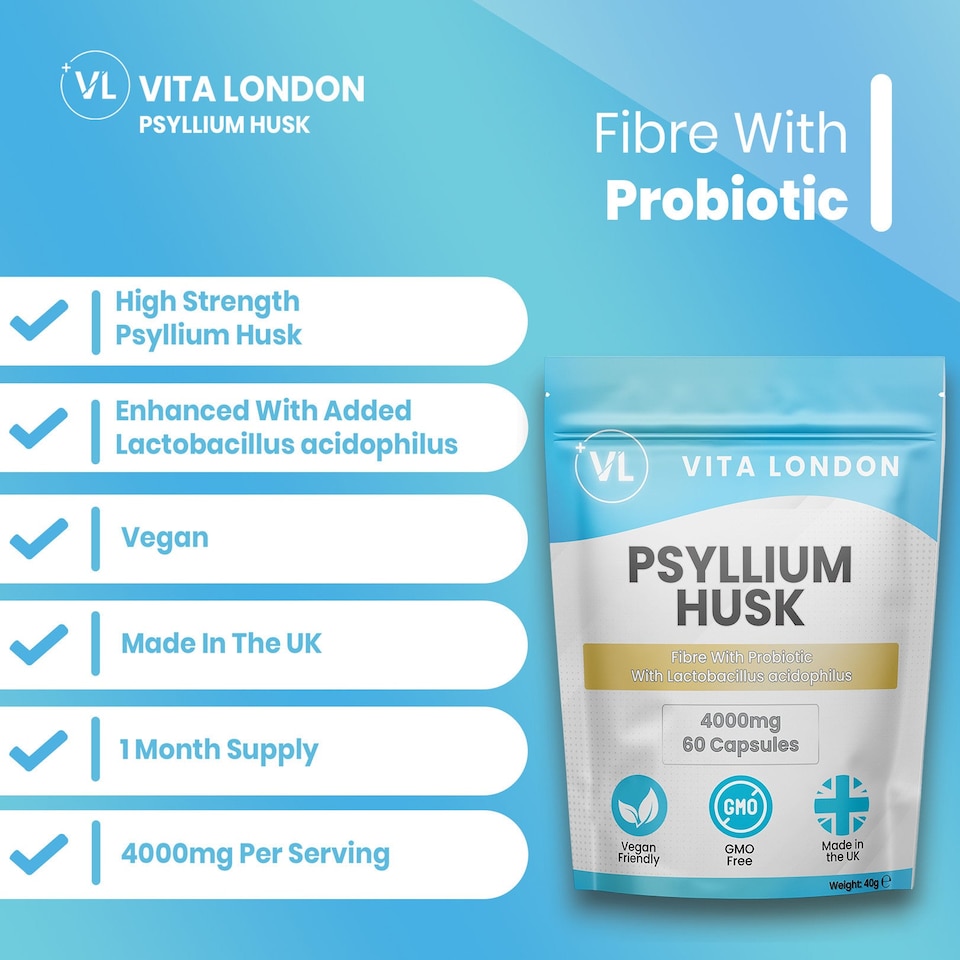image 1 of Psyllium Husk Capsules - Fibre + Probiotic Acidophilus - 4000mg - 60 Capsules