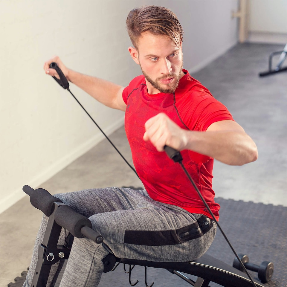 image 1 of Sit-Up Bench Cuttler - 6 positions, padded leg brace, foldable, inc. 2 dumbbells and elastic bands