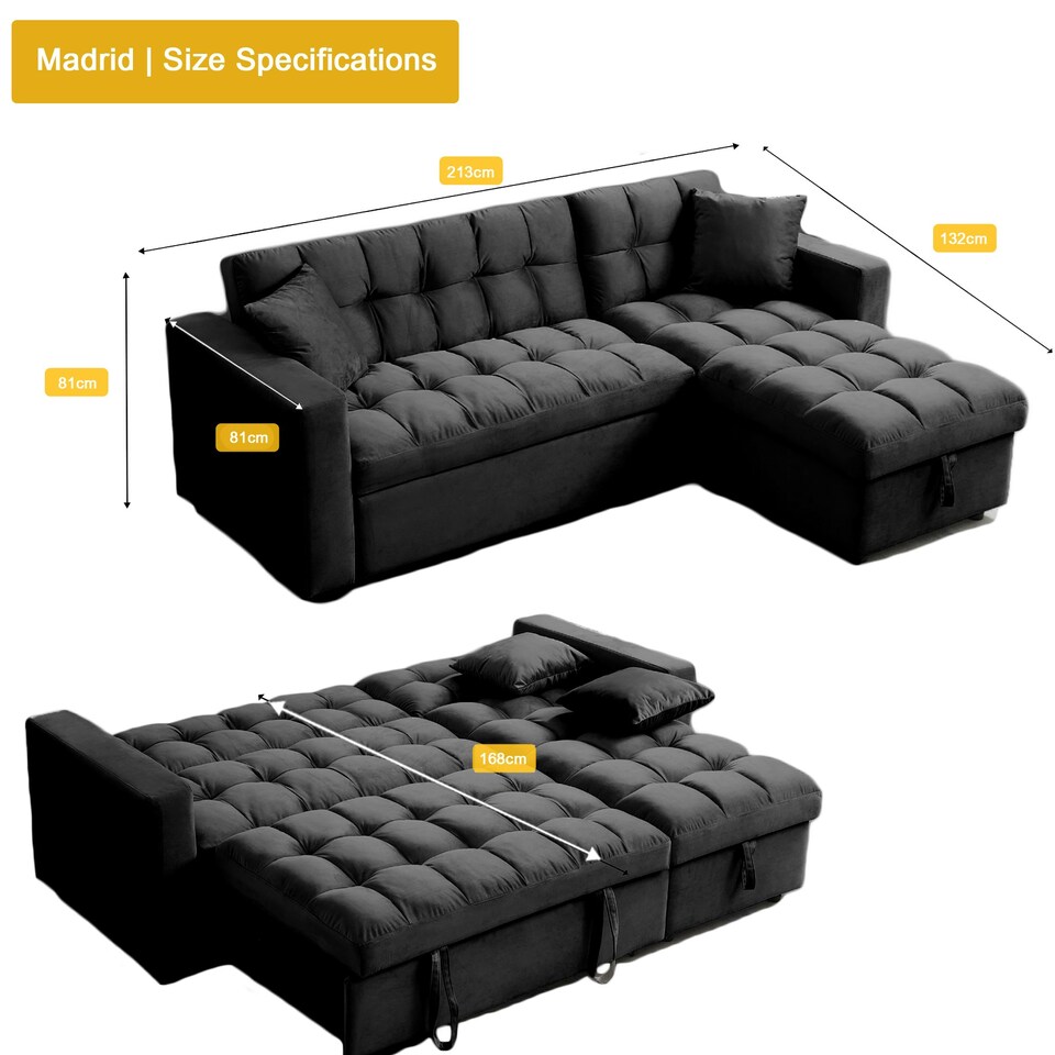 image 1 of Madrid Corner Chaise Lounge L Shape 3 Seater Sofa With With a Reversible Chaise & Pull Out Sofa Bed Black
