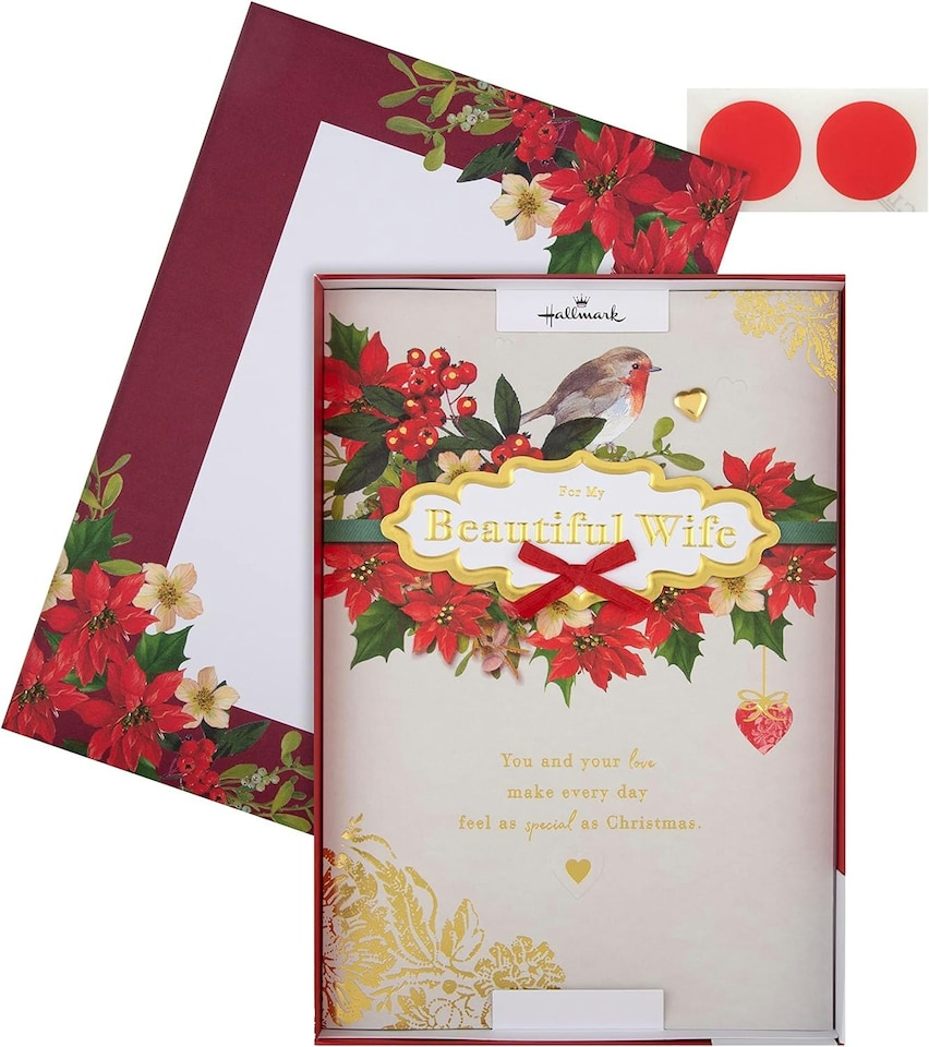 image 1 of Traditional Robin and Foliage Design Boxed Christmas Card for Wife