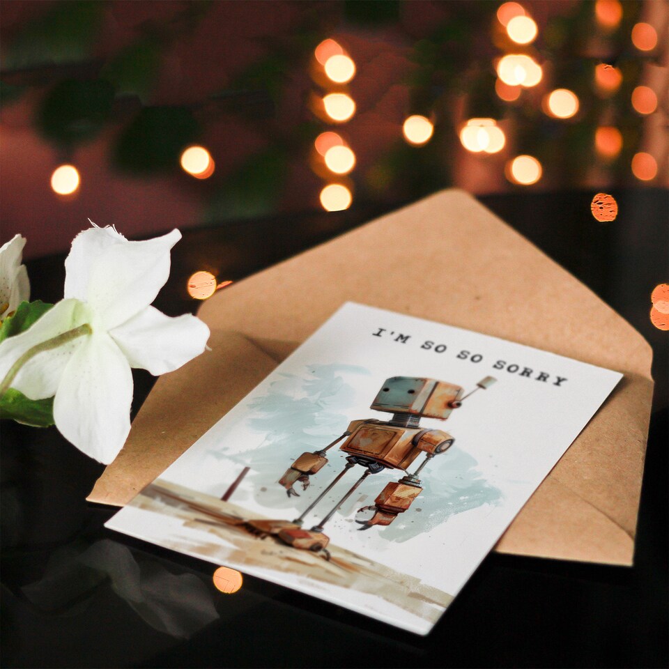 image 1 of So Sorry Cute Retro Mechanoid Bot Robot Apology Miss You Card
