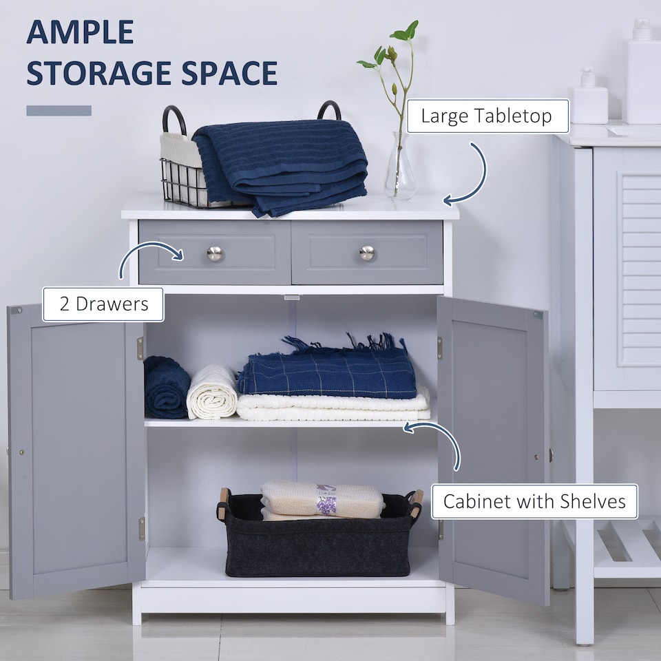 image 1 of kleankin 75x60cm Freestanding Bathroom Storage Cabinet Unit w  2 Drawers Cupboard Adjustable Shelf Metal Handles Traditional Style Grey White