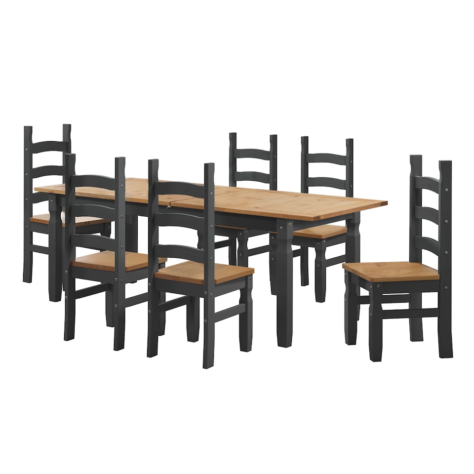 image 1 of Corona Charcoal Large Extending Table & 6 Chairs Set Solid Wood Mexican Pine Wooden Large Long Kitchen Dark Grey