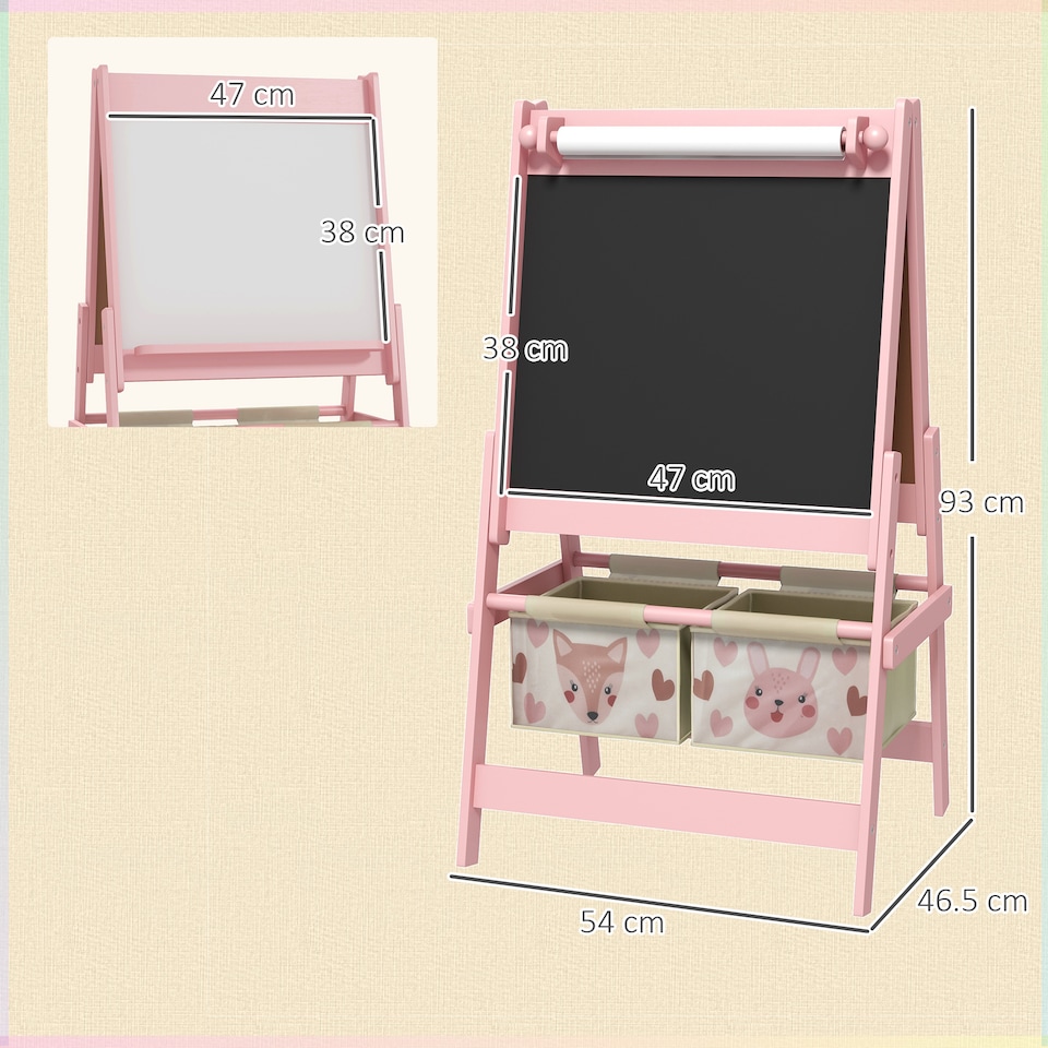 image 1 of AIYAPLAY Kids Easel with Paper Roll, Blackboard, Whiteboard, Storage, Pink