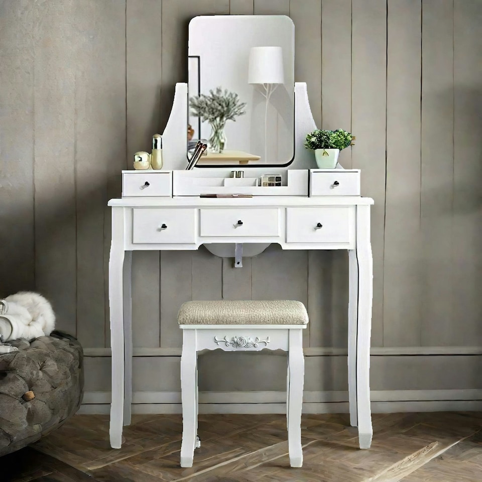 image 1 of 5 Drawer White Dressing Table With Mirror And Stool White