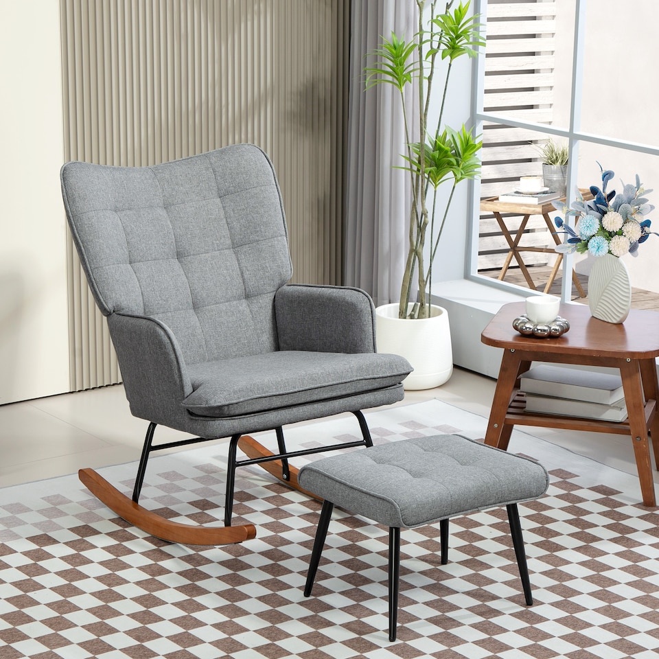 image 1 of HOMCOM Rocking Chair and Ottoman Set, Fabric Armchair with Footstool, Wingback Chair for Living Room and Bedroom, Grey