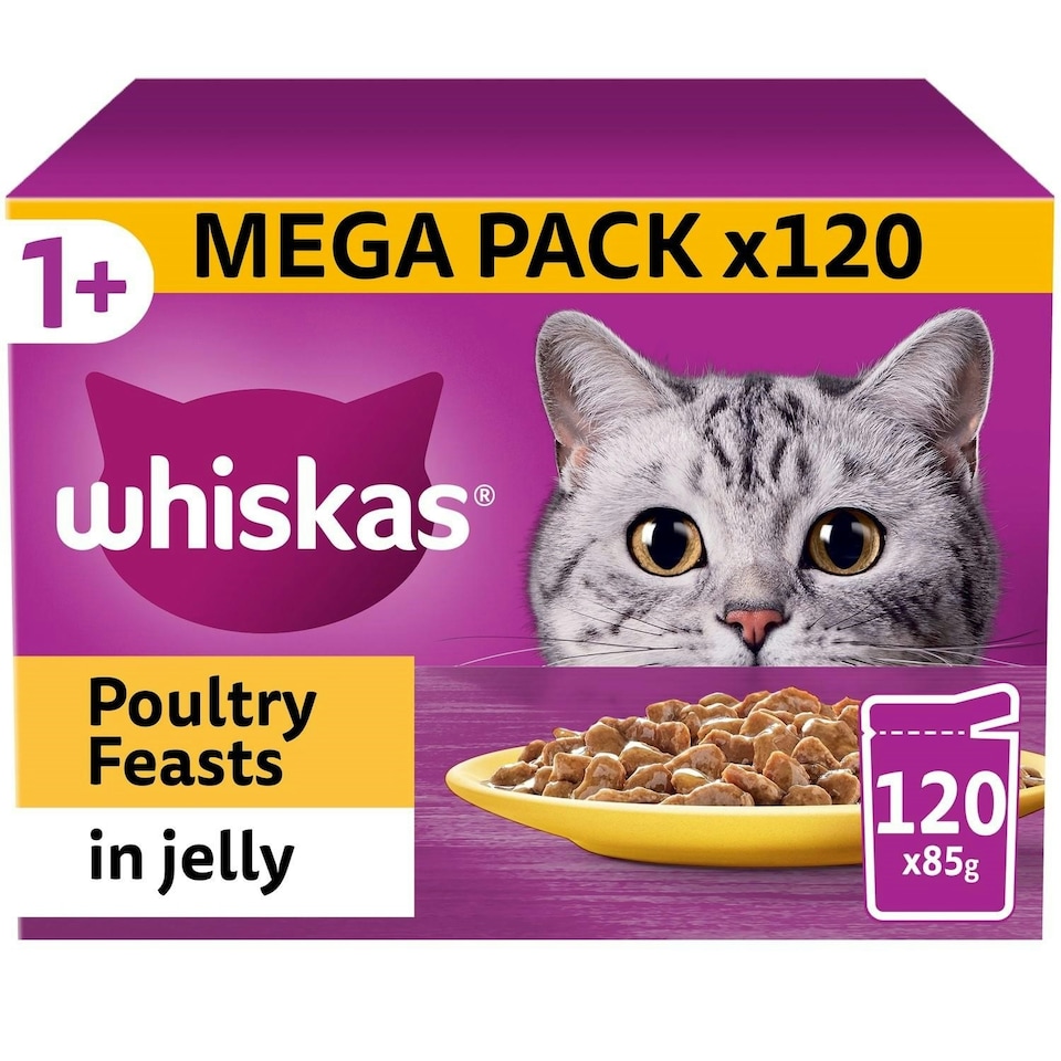 image 1 of 120 x 85g Whiskas 1+ Poultry Feasts Mixed Adult Wet Cat Food Pouches in Jelly 3 x 40pk
