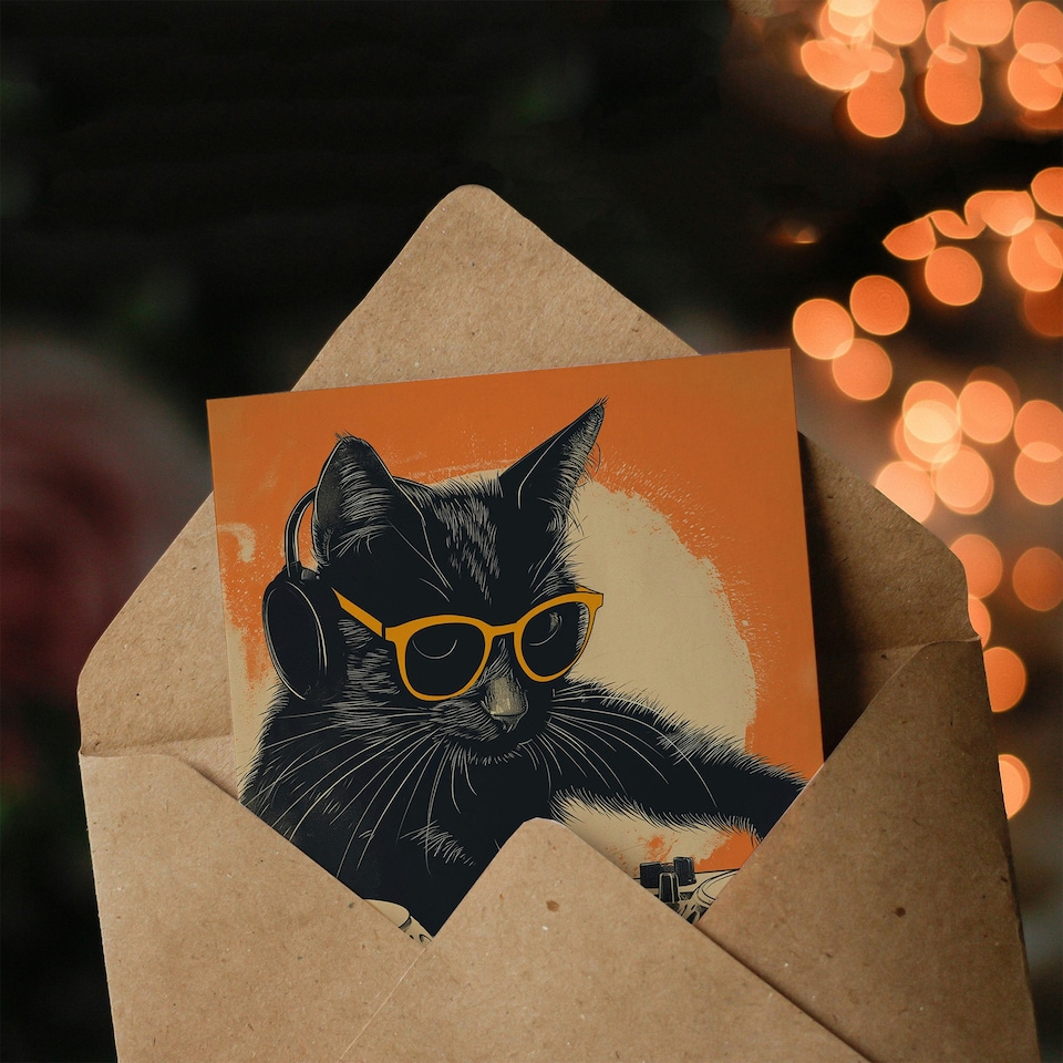 image 1 of DJ Decks Black Cat Lover Sunglasses For Him Birthday Card