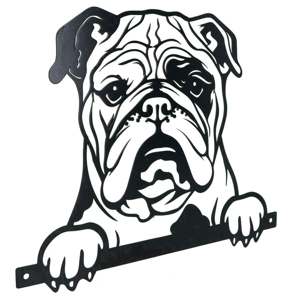 image 1 of Black Metal Peeking Bulldog Silhouette with Fixing Plate Garden Ornament Gift
