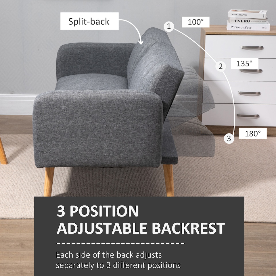 image 1 of HOMCOM 3 Seater Sofa Bed, Convertible Linen Fabric Sofa Couch, Click Clack Sofabed with Adjustable Split Backrest for Living Room, Bedroom, Guest Room, Grey