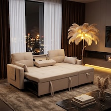 FENCHILIN Sofa Bed with Pull-Out Sleeper Reversible Chaise Drop-Down Cup Holder Side Pockets Beige