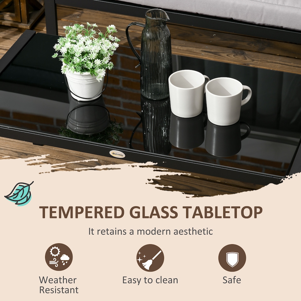 image 1 of Outsunny 5 Seater Garden Corner Sofa Set, 4 Pieces Metal Garden Furniture Set with Loveseats, Glass Top Coffee Table, Breathable Mesh Pocket, Outdoor Conversation Furniture with Cushions, Light Grey