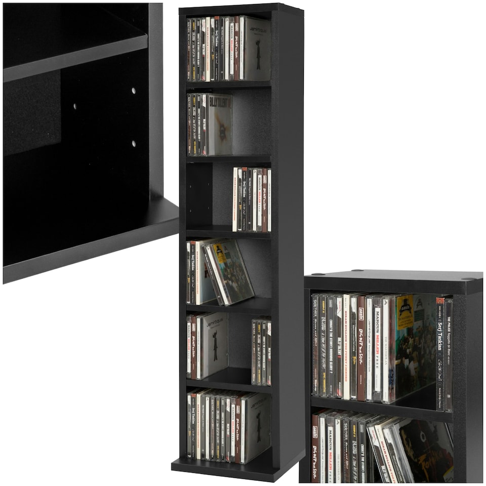 image 1 of CD DVD Storage Tower Media Display Unit Adjustable Shelves Wood Effect 102 CDs or 27 DVDs Black