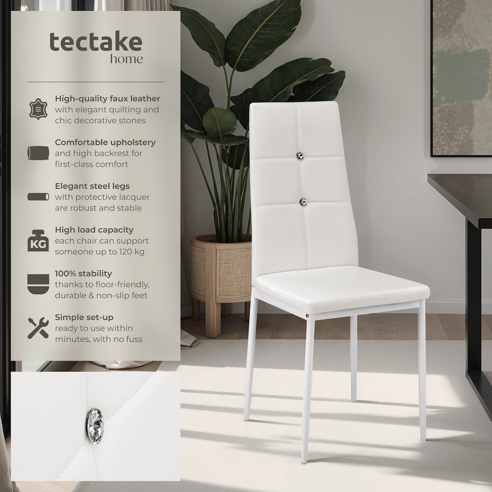 image 1 of Dining Chair Set - high backrest, slim steel legs & rhinestone highlights | White | white | 4
