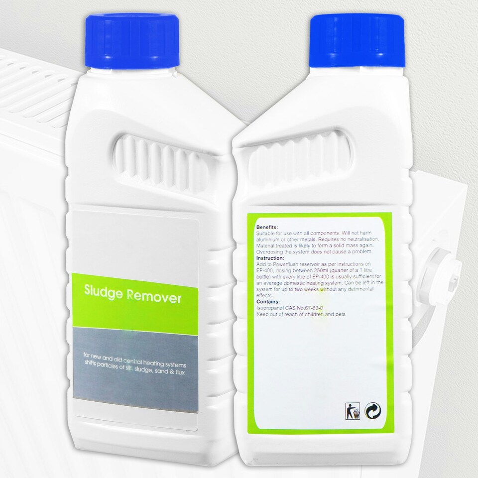 image 1 of SPARES2GO Central Heating Sludge Remover Concentrate Liquid (500ml Bottle) + Radiator Dosing Funnel Tool + Draining Tub