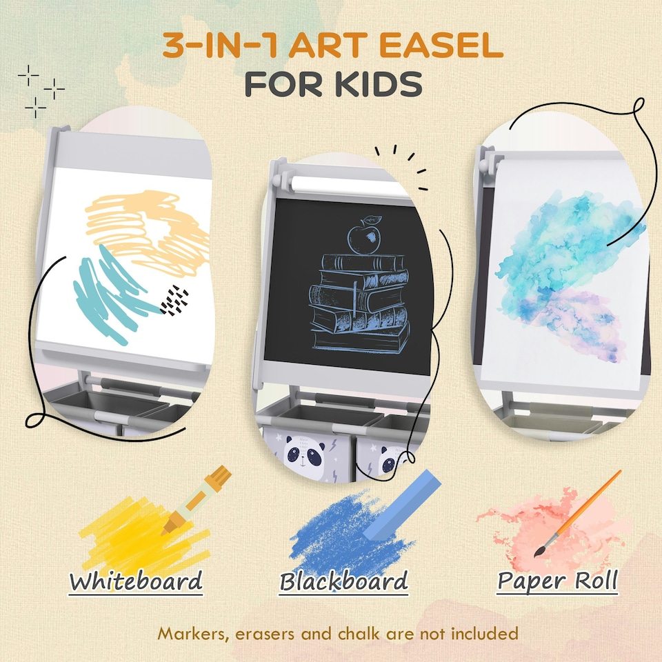 image 1 of AIYAPLAY Kids Easel with Paper Roll, 3 in 1 Art Easel Blackboard, Whiteboard 