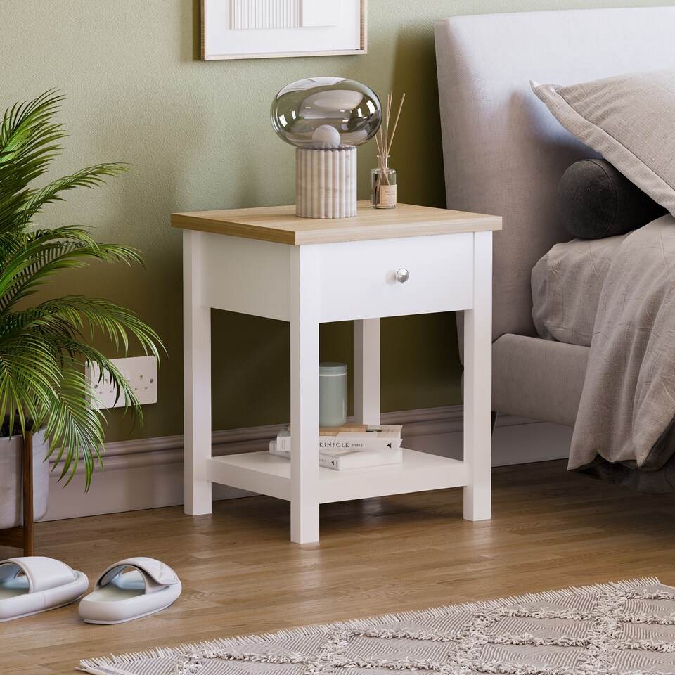 image 1 of Vida Designs Arlington 1 Drawer Side Table Shaker Sofa Bedside Table, White & Oak