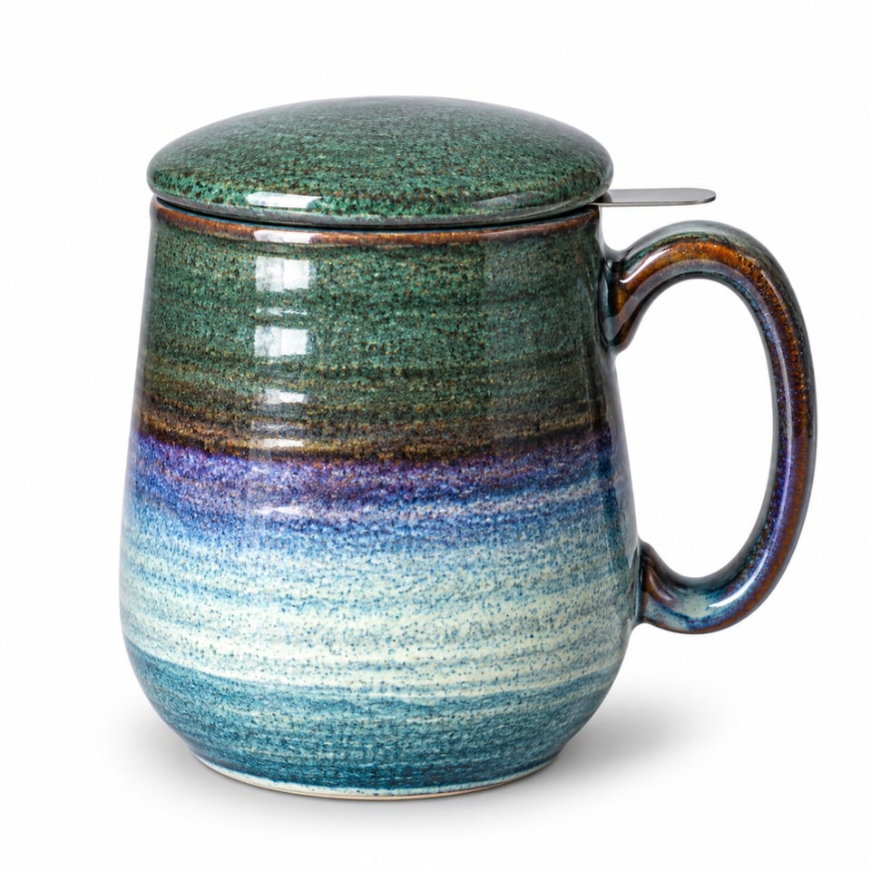 image 1 of Skandi Home 600ml Ocean Teal Reactive Glaze Ceramic Aska Infuser Mug with Lid