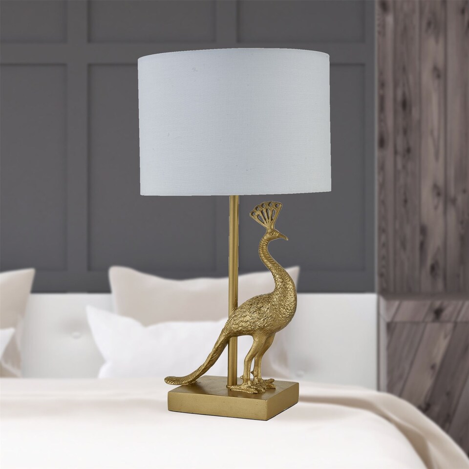 image 1 of Set of 2 Majestic - Gold Peacock Table Lamps with White Shades
