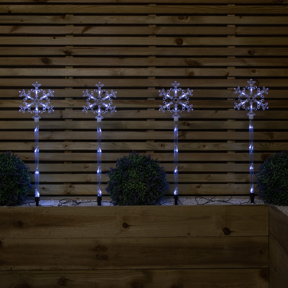 image 1 of 69cm Set of 4 Plastic Crystal Snowflake Pathfinder Christmas Lights with White LEDs