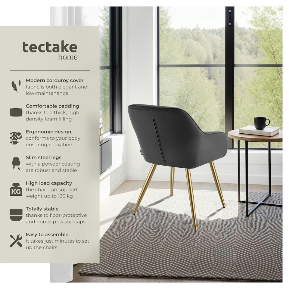 image 1 of Dining Chair Marilyn - corduroy look, upholstered, armchair, continuous backrest - Set of 6 Grey | Anthracite/Gold