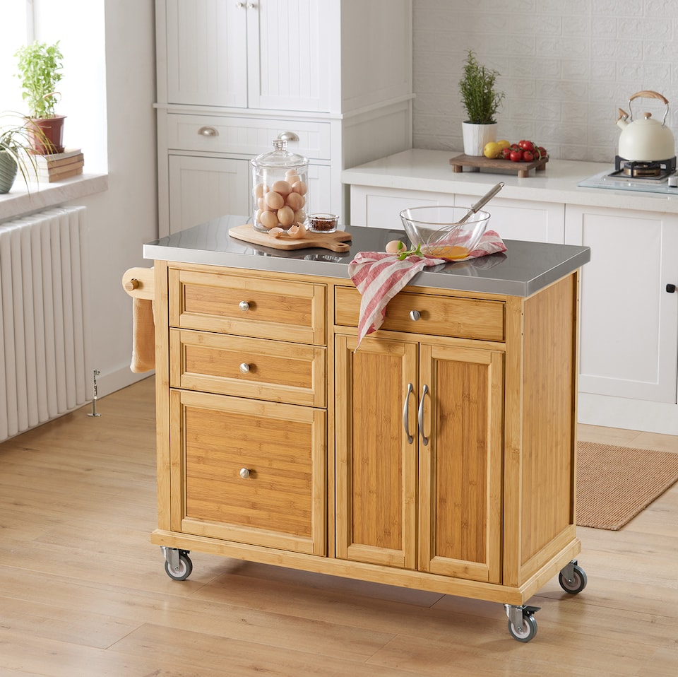 image 1 of SoBuy Kitchen Storage Trolley with Stainless Steel Top, Bamboo, 45.3x18.1x36.2 in, 23.9 kg - FKW70-N