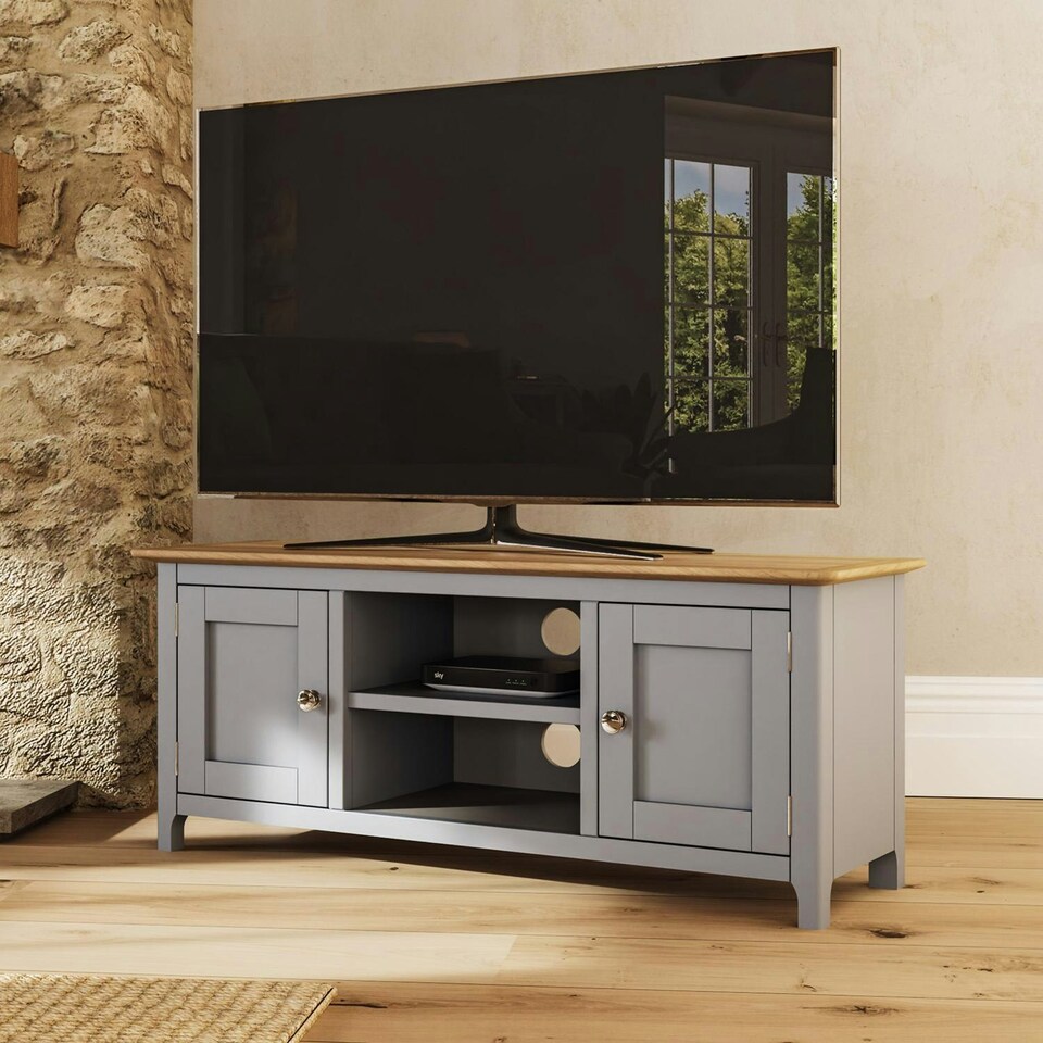 image 1 of Taberno Oak 2 Door TV Unit Dove Grey Grey