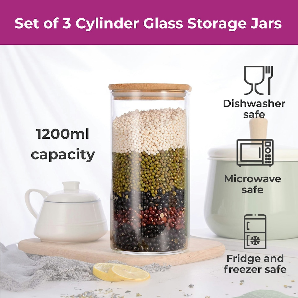image 1 of Set of 3 1200ml Clear Cylinder Spaghetti Glass Storage Jars