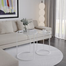 2 Piece Round Nesting Side Tables Set Tempered Glass Top Metal Leg Coffee Tables | Multi | White Legs Transparent Glass