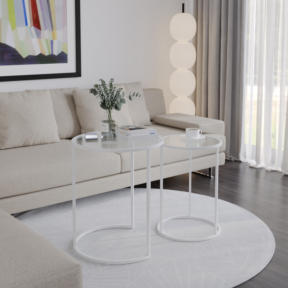 image 1 of 2 Piece Round Nesting Side Tables Set Tempered Glass Top Metal Leg Coffee Tables | Multi | White Legs Transparent Glass