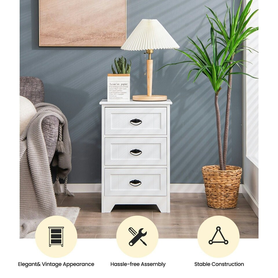 image 1 of COSTWAY Wood 3-Drawer Nightstand Accent End Table White | White