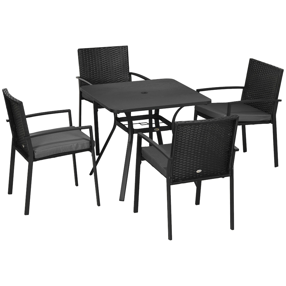 image 1 of Outsunny 4 Seater Rattan Dining Set with Cushions, Wood Effect Metal Top Table with Umbrella Hole, PE Rattan Garden Furniture Set, Outdoor Dining Table and Chairs for Patio, Balcony, Lawn, Black
