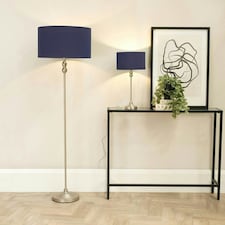 ValueLights Maggie Brushed Chrome Candlestick Floor Lamp with Navy Blue Shade with LED Bulb