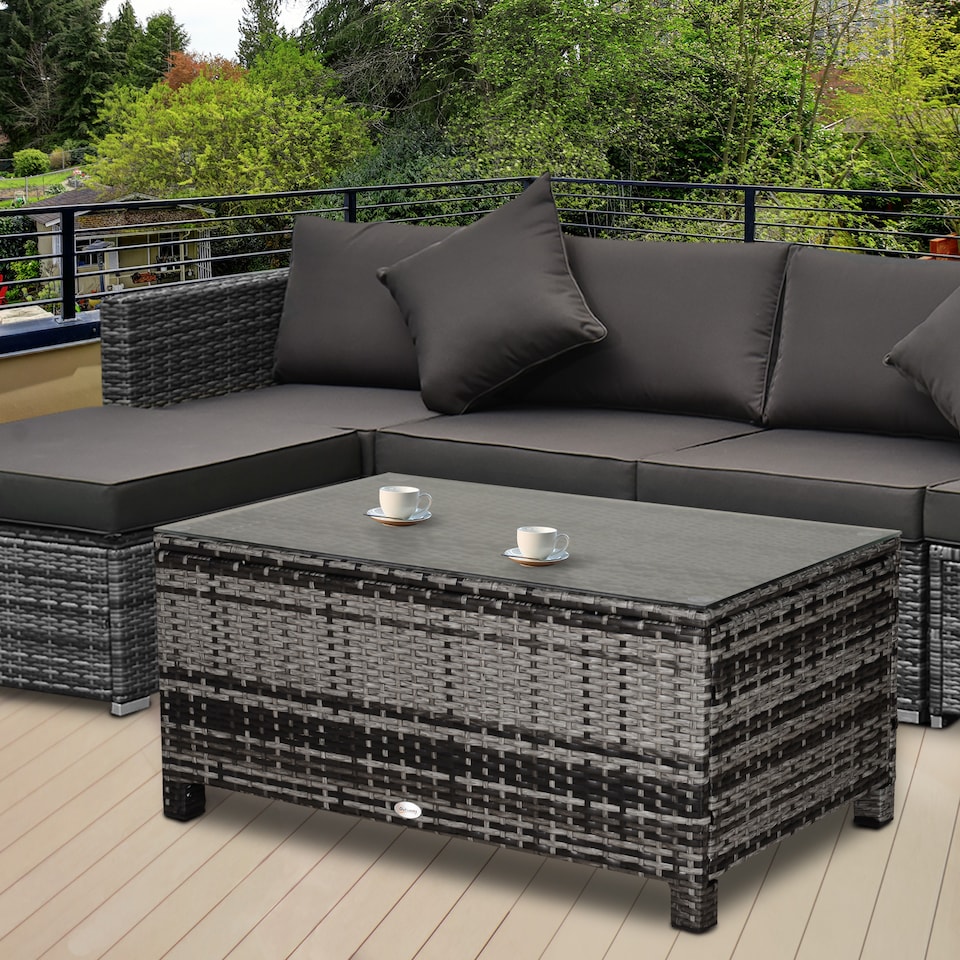 image 1 of Outsunny Garden Rattan Side Table,Wicker Coffee Desk, Glass Top, Mixed Grey