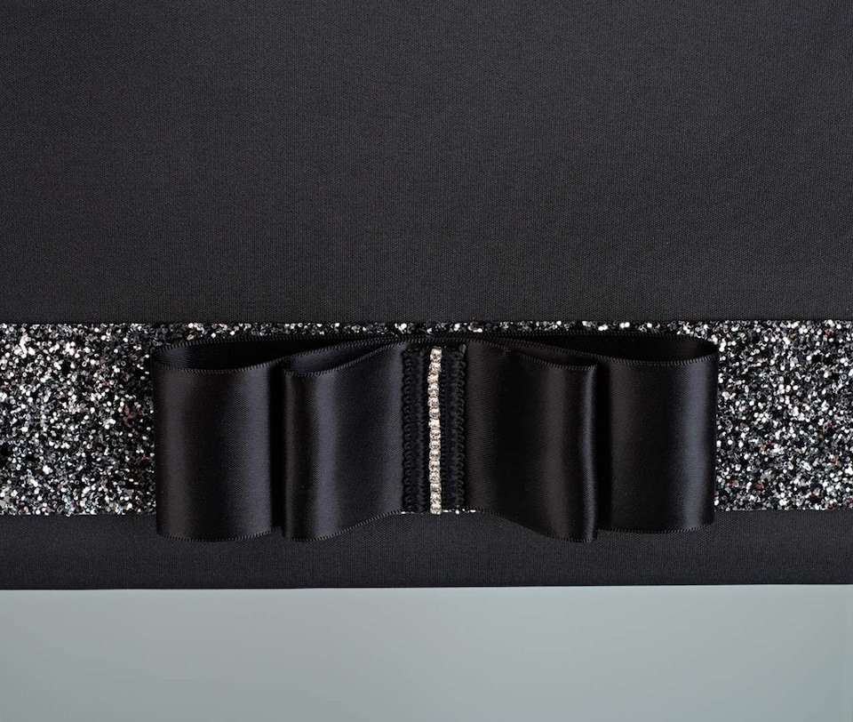 image 1 of FURNISHED Blackout Roller Blind with Black Glitter Trim and Black Bow Trimmable Window Shade | Black | Black | (W) 145cm x (L) 210cm